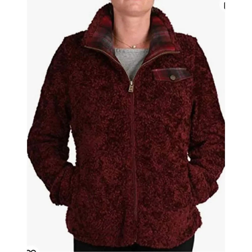 Pendleton Ladies' Fuzzy Zip Jacket Women's Sherpa Coat -Variety Plaid Pockets Me
